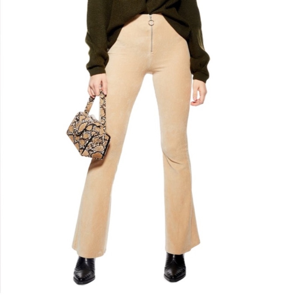 Topshop Corduroy Zip Flared Trousers In Oatmeal Size: 8